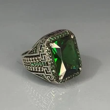 Handmade Sterling Silver Men's Ring: Emerald Green Gemstone, Greek Key