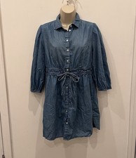 Gap Denim Puff Sleeve Shirt Dress Drawstrings Sz M