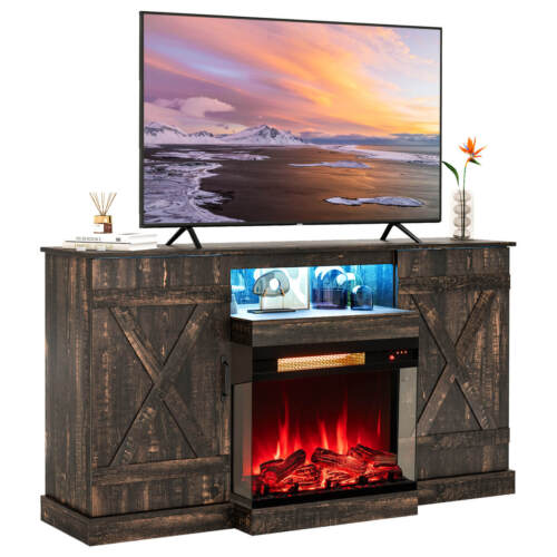 58" Fireplace TV stand w/23" 3-side glass electric fireplace 20 color led lights