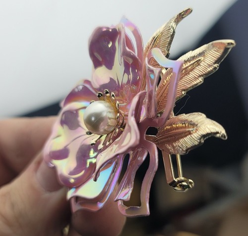 Vintage Coro Enamel Flower Brooch Pin And Matching Clip On Earings w/ Pearlf - Picture 20 of 24