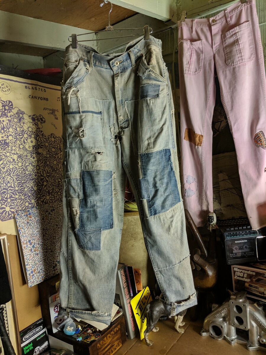 1940s LEE JEANS, UNION MADE, PATCHED, FADED, Denim, Repaired 1940s LEE JEANS, UNION MADE, PATCHED, FADED, Denim, Repaired