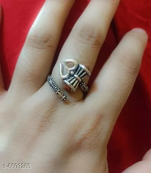 Rudraksha Trishul Damroo Designer Oxidized Silver Bahubali Ring