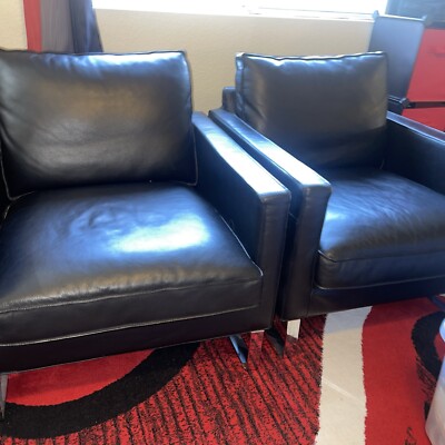 Pair Of Black Leather Club Chairs