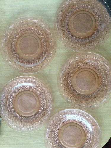 Vintage KIG Indonesia Pink Glass plates Diamond flower pattern 10" set of 5