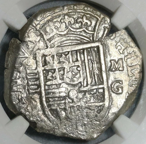 1597-MG NGC AU 55 Spain 4 Reales Philip II Granada Cob Silver Coin (20010501C)