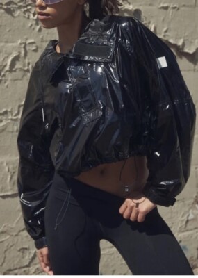NWOT Free People Movement Dew Drop Packable Rain Jacket Shiny Black Size XS