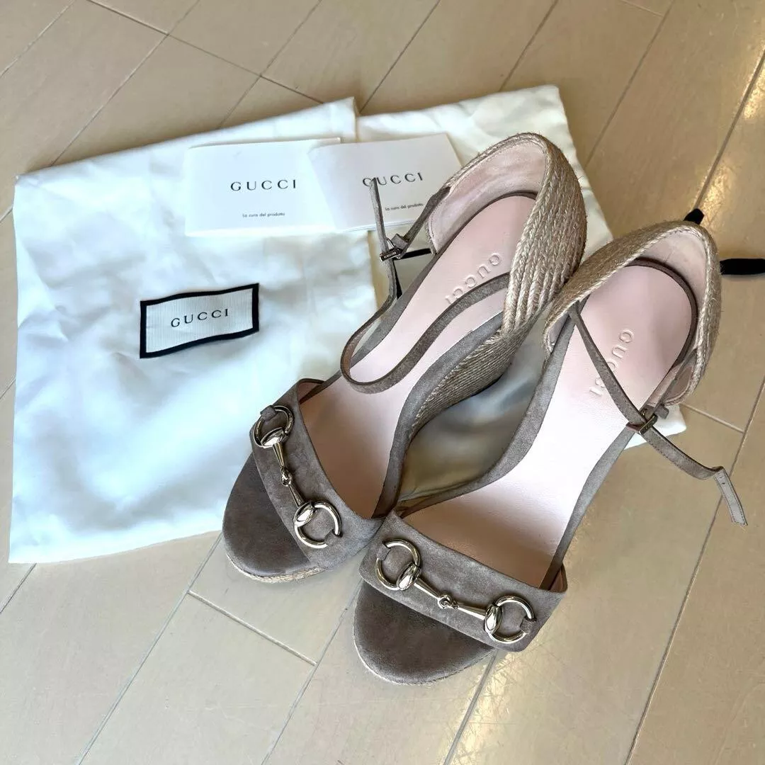 GUCCI Horsebit daim semelle compensée sandales mules escarpins chaussures femmes EU 36 1/2 beige