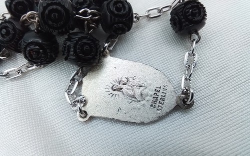 KAPELLE 925 STERLING SILBER SCHWARZE ROSE PERLEN VINTAGE ROSENKRANZ KATHOLISCH KRUZIFIX - Bild 10 von 13