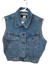 Vtg Team Tactics Denim Vest Womens M Blue Button Up Pockets Sleeveless USA Made