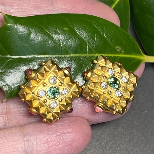 Tourmaline Diamond 18K Yellow Gold Vintage Earrings Square Estate Fine Jewelry - Picture 13 of 24