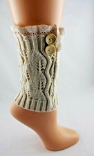 Ankle Cuffs Warmers Solid Beige Ivory Lace Buttons Acrylic Knit