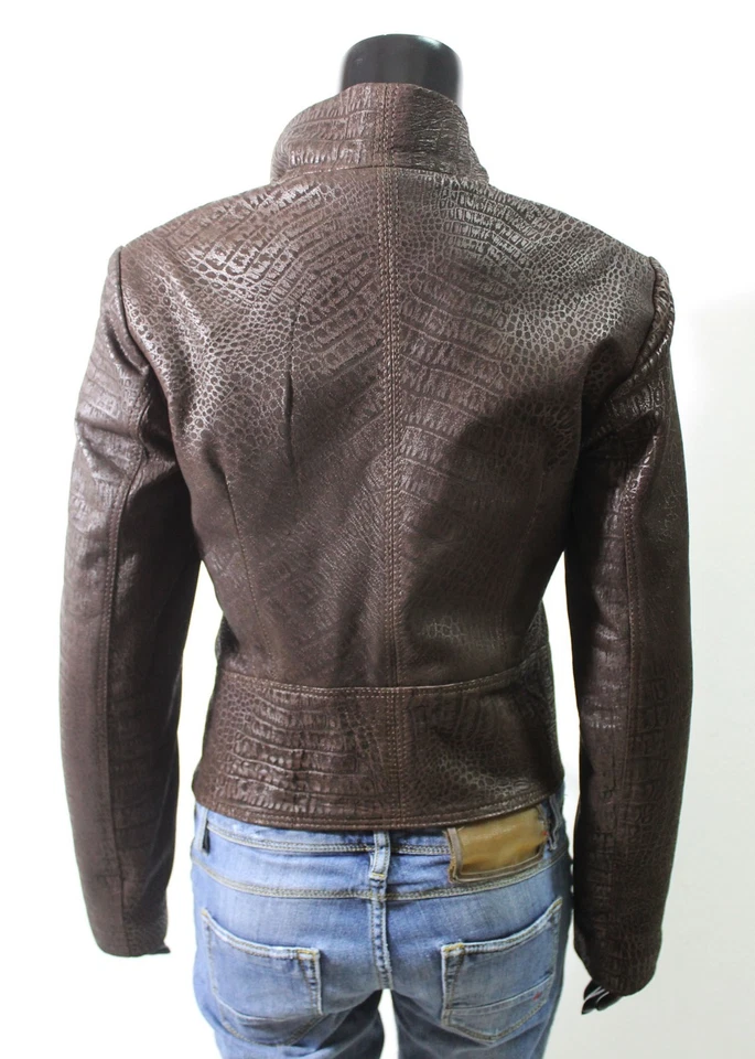 Italien Handmade Femme Cuir Asymétrique Veste M Crocodile Marron Vintage - Photo 3/4
