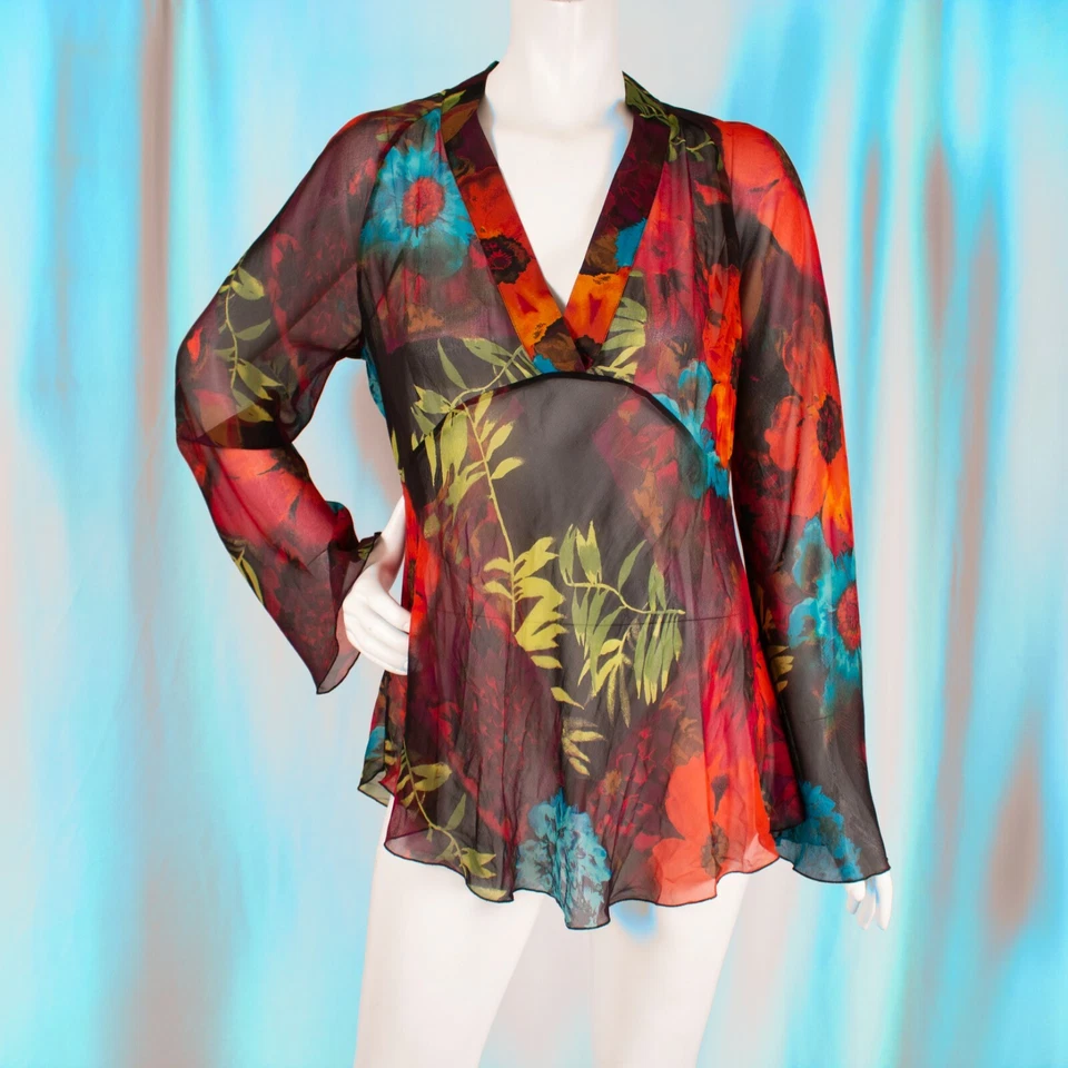 CHICO'S Red Turquoise Orange Green Black Floral Women Silk Top Size M L - Image 4 of 4