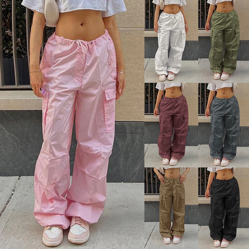 Womens HOT Drawstring Low Waist Cargo Trousers Casual Loose Wide Leg Strap  Pants