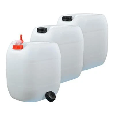 PLASTEO - HERGESTELLT IN DEUTSCHLAND plasteo 3x 30 Liter Wasserkanister natur mit 1 Hahn Lebensmittelecht BPA-Frei