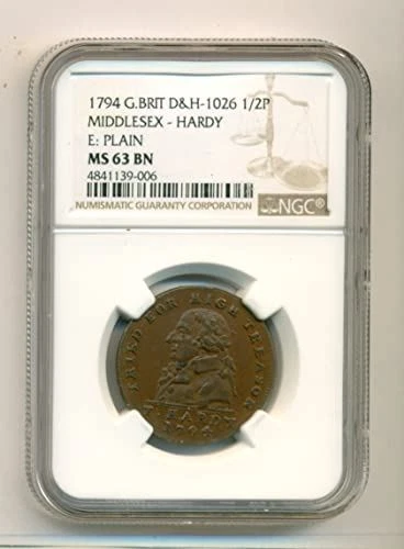 Great Britain 1794 1/2 Penny Conder Token Middlesex - Hardy MS63 BN NGC
