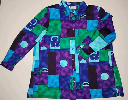 Vtg Top Notch Women 80's Style Abstract Colorful Long Sleeve Blouse/EUC/ Sz 1X