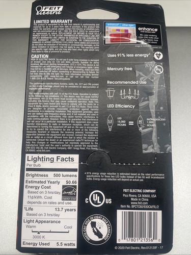 FEIT ELEC ENHANCE VIVID NATURAL LIGHT 60W BRIGHT WHITE 3000K PACK OF 2 B10 BULB - Picture 3 of 3