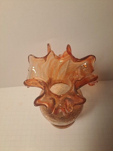 VTG Ozark Glass Hand Blown Vase 9” Orange Persimmon Ruffled Pulled Mottled Swirl - Picture 6 of 13