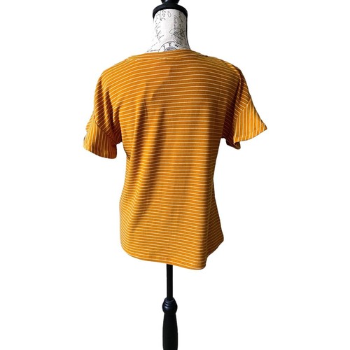 Hem & Thread Anthro Yellow White Stripe Flutter Sleeve Crochet Shirt Top Small - Picture 3 of 8