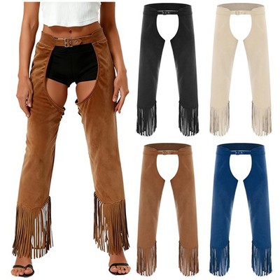 US Women Western Cowgirl Chaps Open Crotch Fringe Assless Motorcycle Chaps Pants