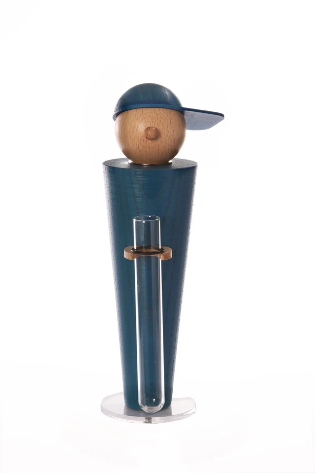 Blumenvase Blumenjunge Ben Blau modern Glasvase Holzfigur 6x20x9 cm Design - Bild 1 von 1