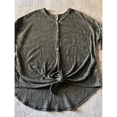 HoneyMe Curvy Waffle Knit Button Front Tie Hem Top Gray XXL