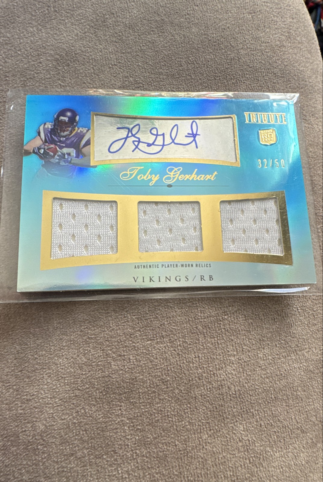 Toby Gerhart Topps Tribute Triple Relics Autograph #ATRTGE Blue