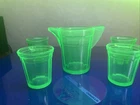 Akro Agate - Green Depression Uranium Glass Pitcher.  3” Pitcher 4 Glasses Kids