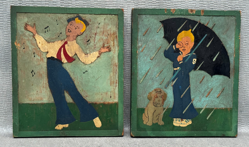 PAIR OLD ANTIQUE NAIVE FOLK ART PAINTING ON WOOD BOY SINGING CHILDREN DOG RAIN 2