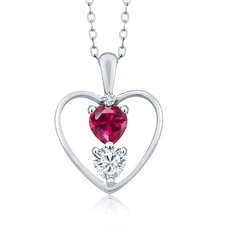 925 Sterling Silver Created Ruby White Moissanite and Diamond Pendant Necklace