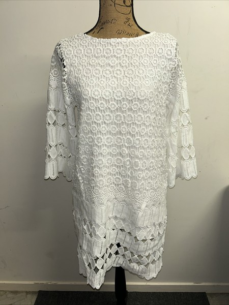 Piper Womens Sz S White Lace Crochet Knit 3/4 Sleeve Lined Tunic Dress VGC
