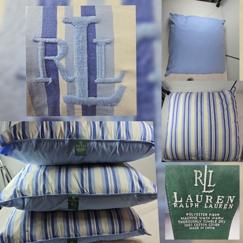 Set 3 Ralph Lauren Embroidered LRL Stripe Pillow 18 In Square Blue White Cotton