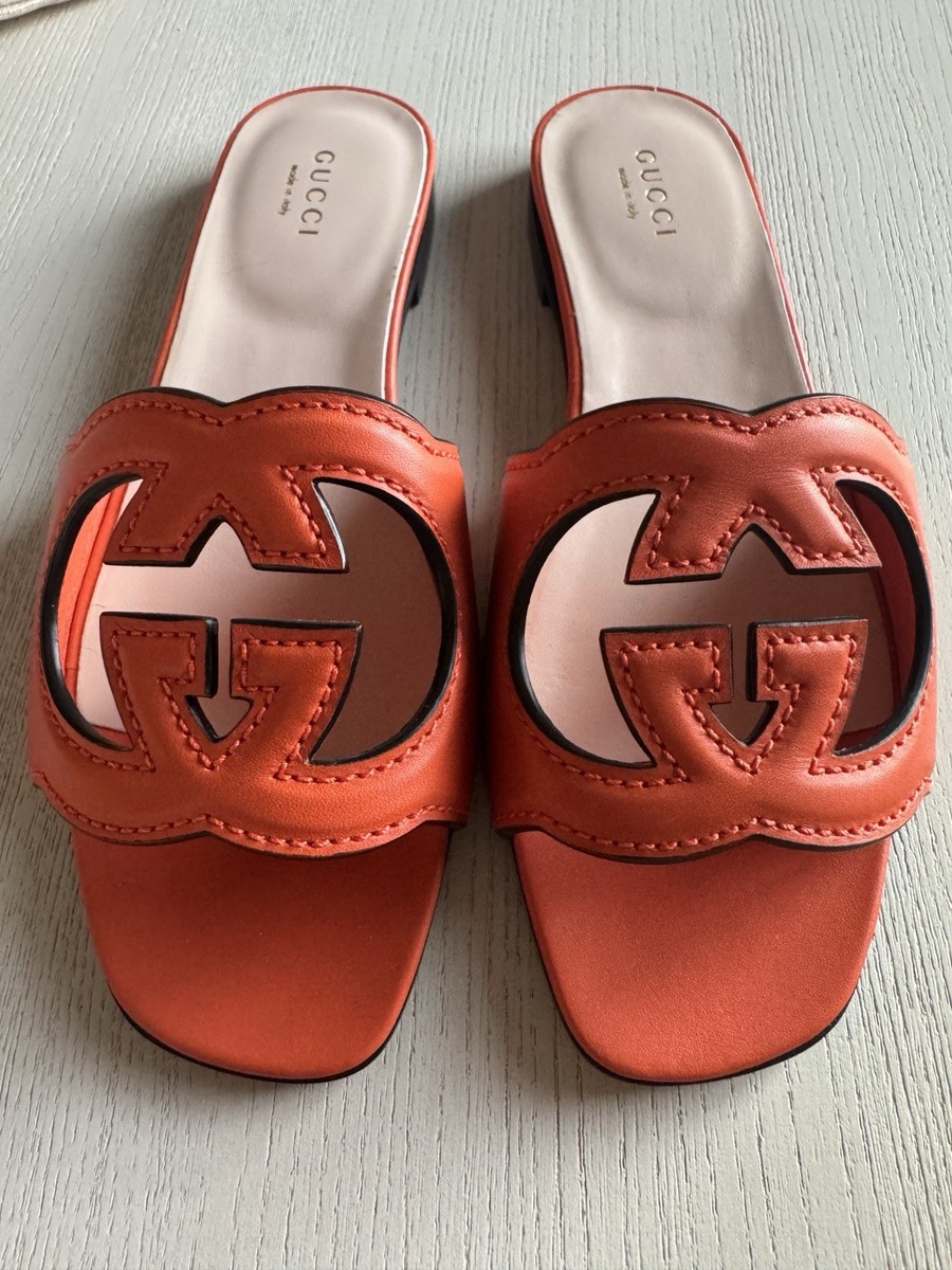 Gucci Interlocking G Cut-out Slide Sandal Orange Leather New