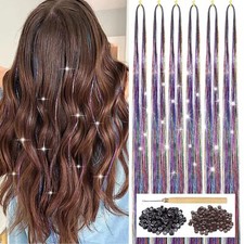 Hair Tinsel Kit with Tool 6pcs 1200 Strands Glitter Colorful