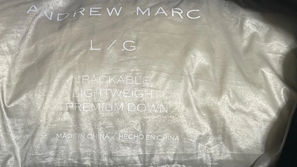 Abrigo Chaqueta Mujer L Andrew Marc Empacable Ligero Premium Plumón Gris Plateado Foto 3 de 4