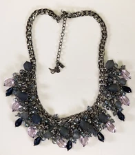 Chunky Statement Bib Necklace Gunmetal Chain Metal & Beads Multicolor