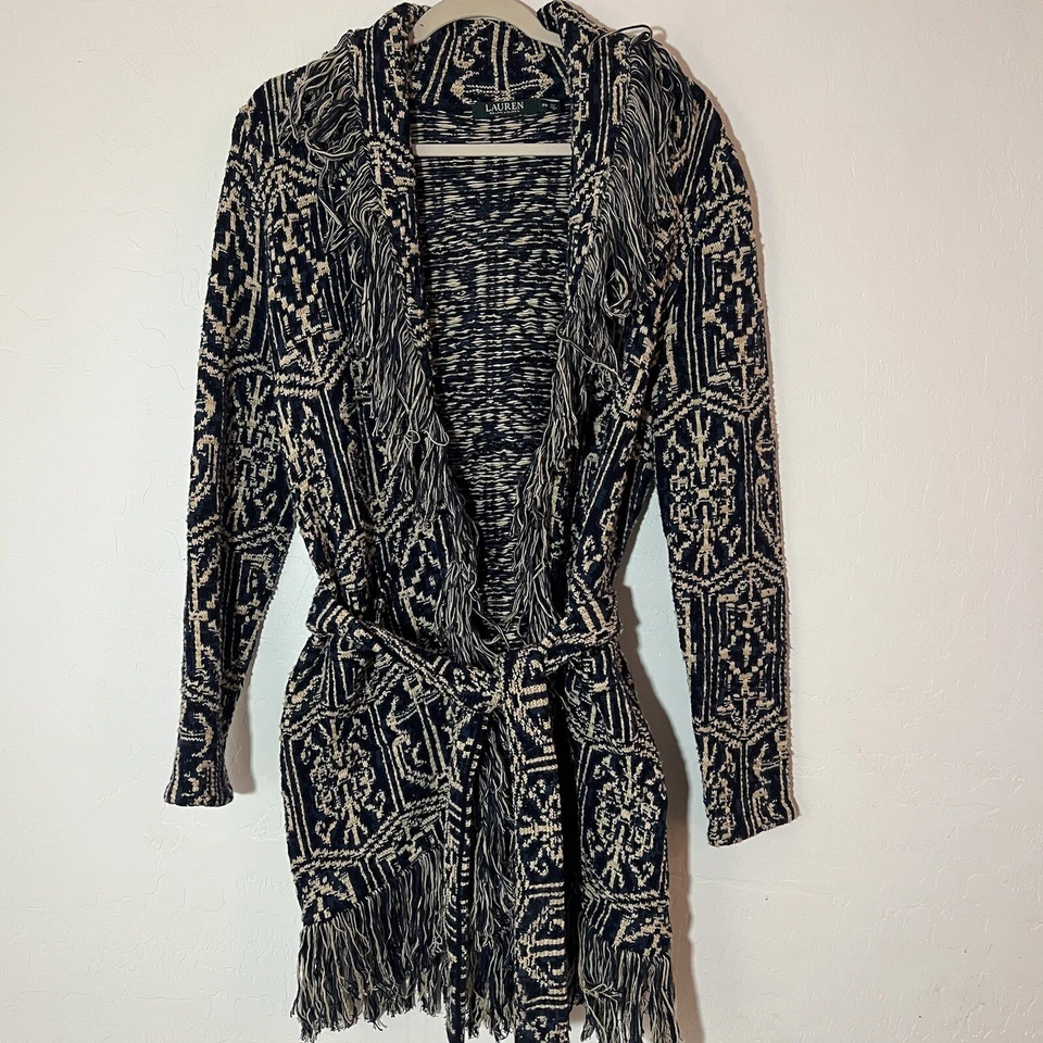 Cárdigan Lauren Ralph Lauren LRL para mujer PM azul flecos jacquard tejido suéter Foto 2 de 4