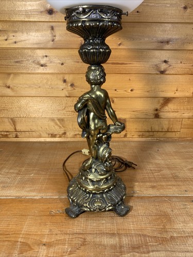 VTG 25-1/2” CAST METAL CHERUB TABLE DESK LAMP SATINY GLASS GLOBE GOLD DECORATED - Picture 11 of 17