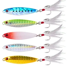 5pcs Fishing Metal Lures Kit 1oz Spoon Bait Jigging Feather Hooks Saltwater Lead