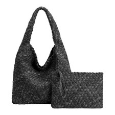 Melie Bianco Johanna Large Shoulder Bag Vegan Woven Cotton - Black Denim Nwt!