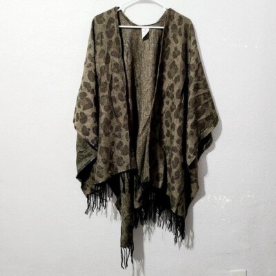 Woolrich Leopard Print Fringed Ruana Wrap Caridgan Shawl Size One Size ...