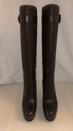 37/7❤️ITALY BELSTAFF Brown Knee High Heels Quilted Leather Tall Platform Boots - Picture 7 of 14