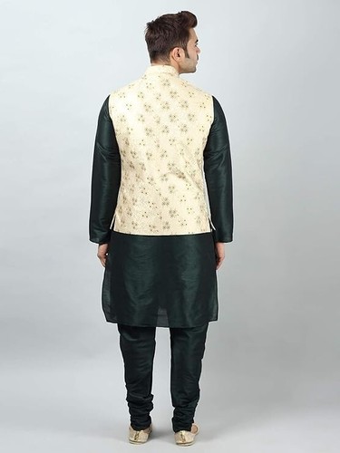 Men's Silk Blend Kurta & Churidar Pyjama With Ethnic Bundi Jacket | 3 In 1 | - Imagen 22 de 182