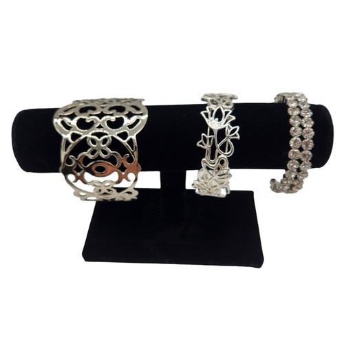 Lot of 3 Silver Tone Cuff Bracelets 2 scrolled and 1 With Rhinestones Bling - Picture 9 of 9