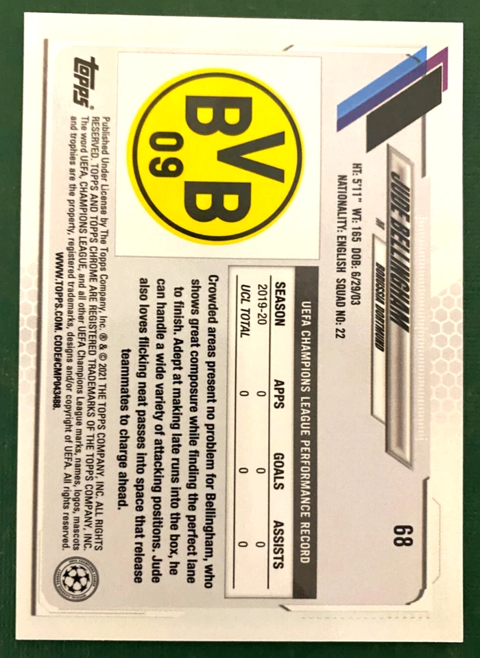 2020-21 Topps Chrome UCL Jude Bellingham #68 RC Rookie Borussia Dortmund - Image 2 of 2