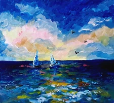 Original Seascape painting Sailboat Wall Art modern Caribbean Artwork Impasto