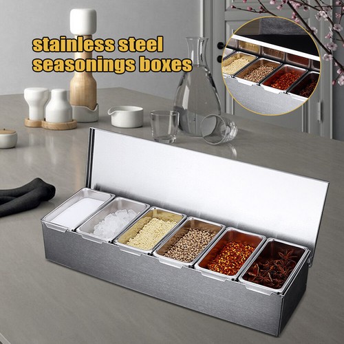 Recipiente de ingredientes acero inoxidable 6 insertos recipiente de guarnición cajas de especias recipiente de bar - Imagen 6 de 9
