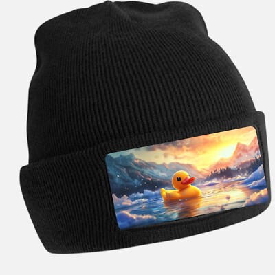Majestic Rubber Duck Print Black Beanie Hat Unisex Cotton