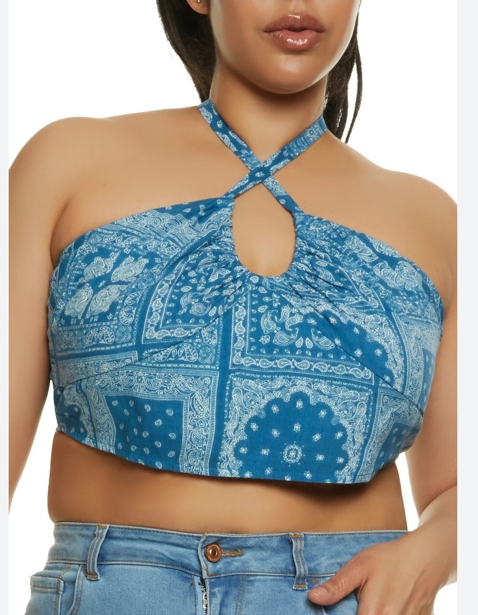 Soft Sport Bandana Print Tie Back Crop Top New W/Tags Plus Size 3X